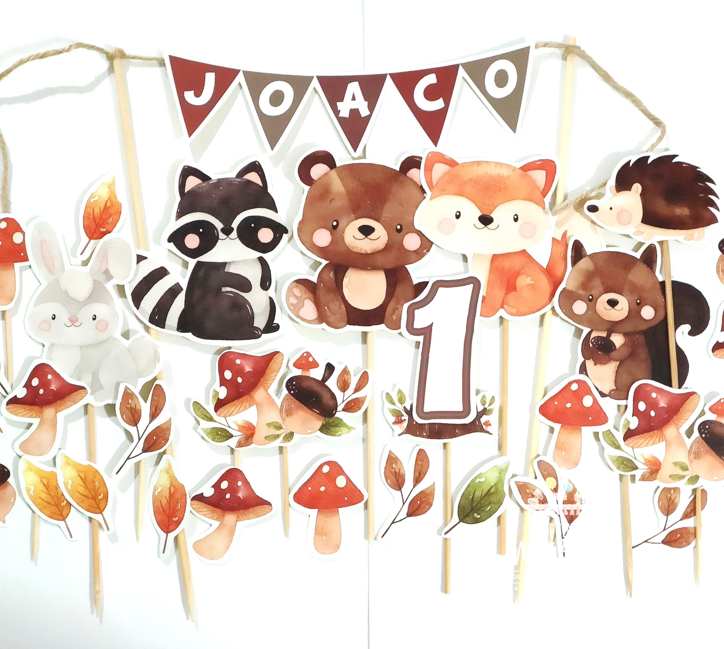 Topper de torta personalizado de Animales del Bosque Acuarelas