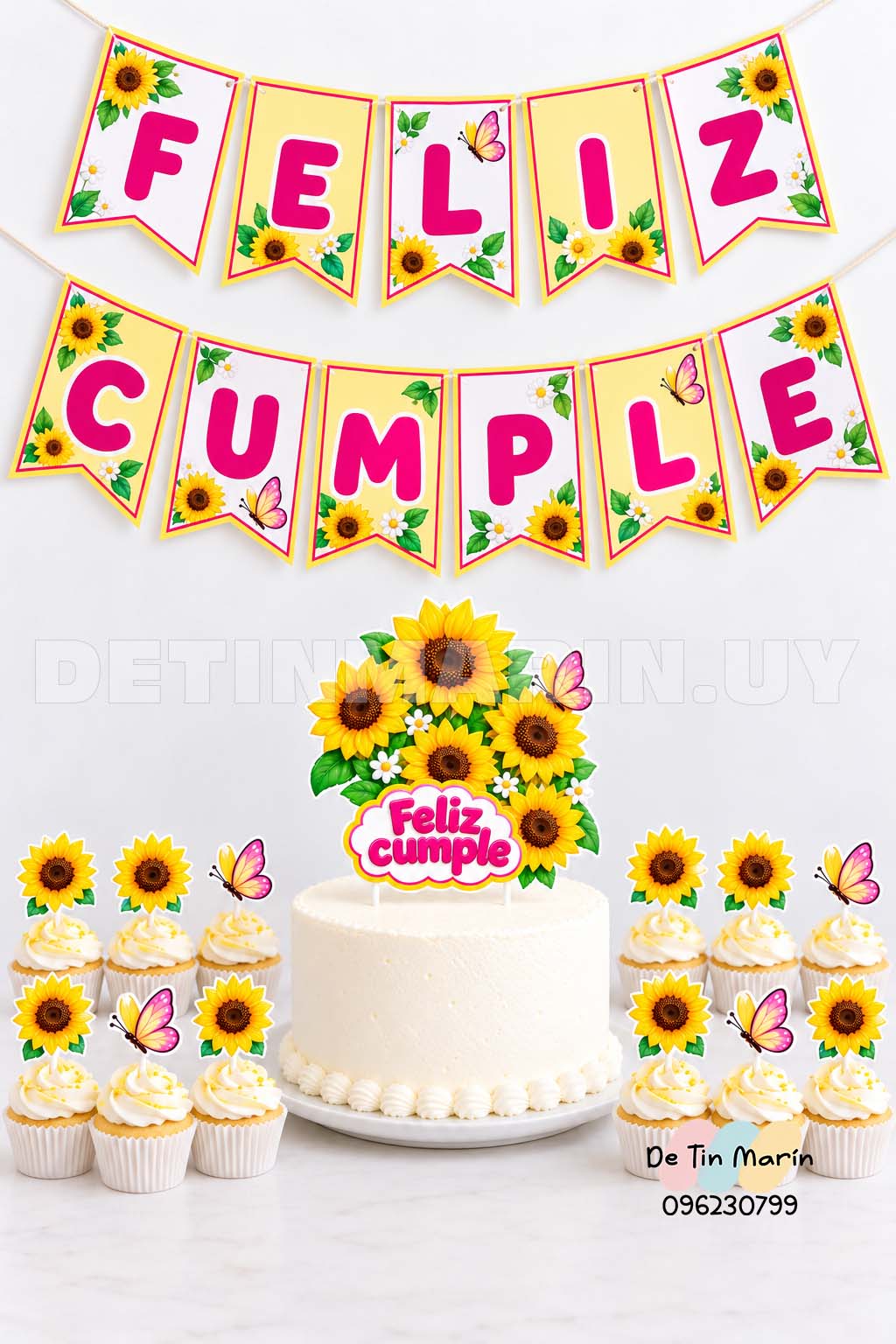 Topper de torta, topper de cupcakes y banderines de girasoles